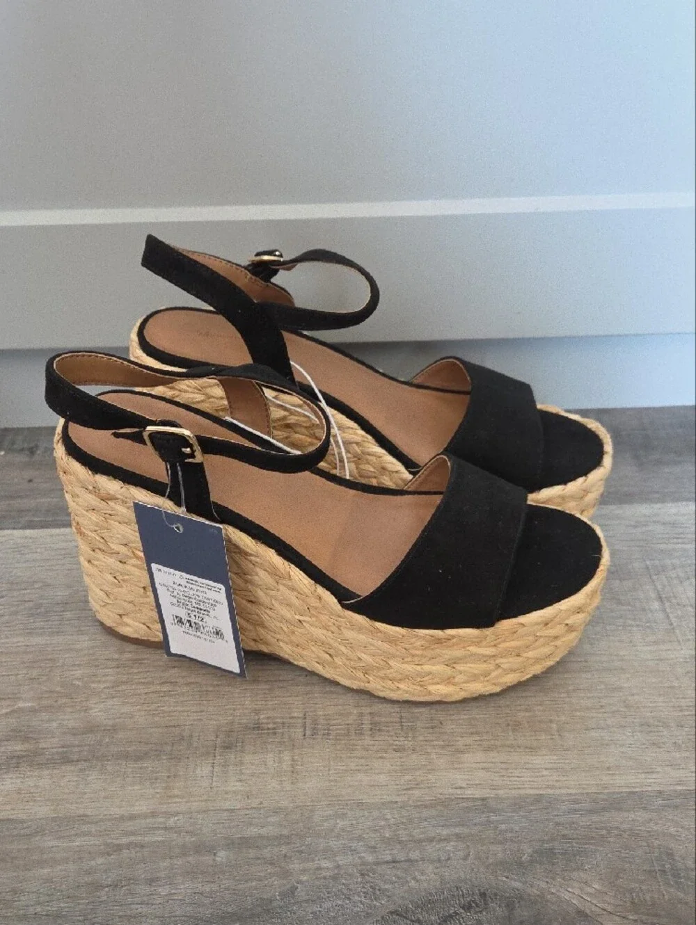 Women’s Black Espadrille Wedge Sandals with Ankle Strap, Size 5.5. New In Box